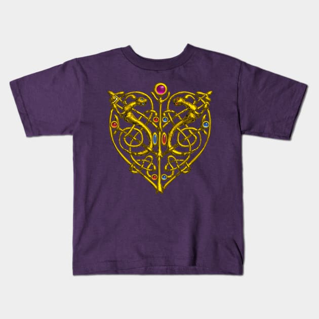 HYPER VALENTINE / GOLD CELTIC KNOT HEART WITH LIZARDS IN PURPLE Kids T-Shirt by BulganLumini